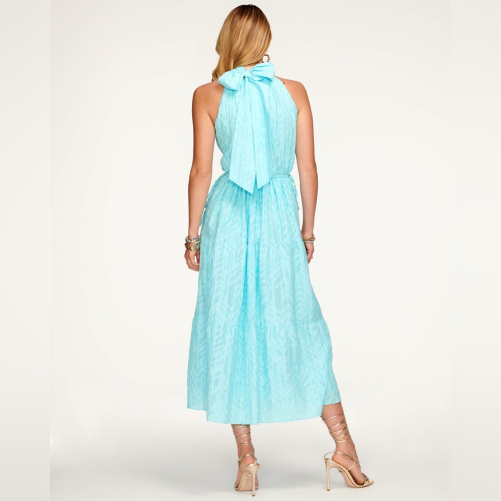 RAMY BROOK Jess Halter Midi Dress Sky Blue Textured Cotton Back Bow Tie Size XS